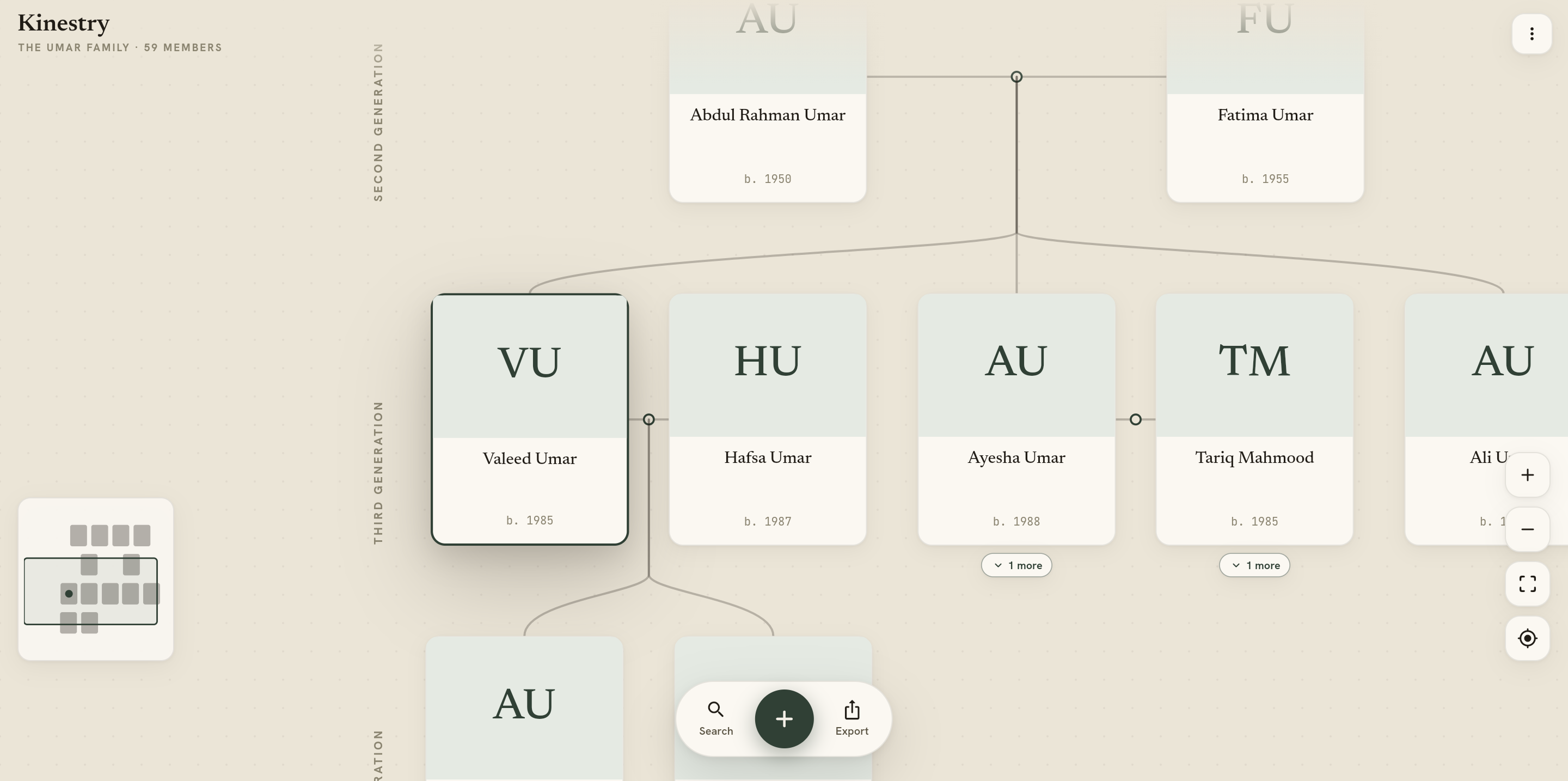 Kinestry's family tree canvas running live in a laptop browser via Desktop Mode
