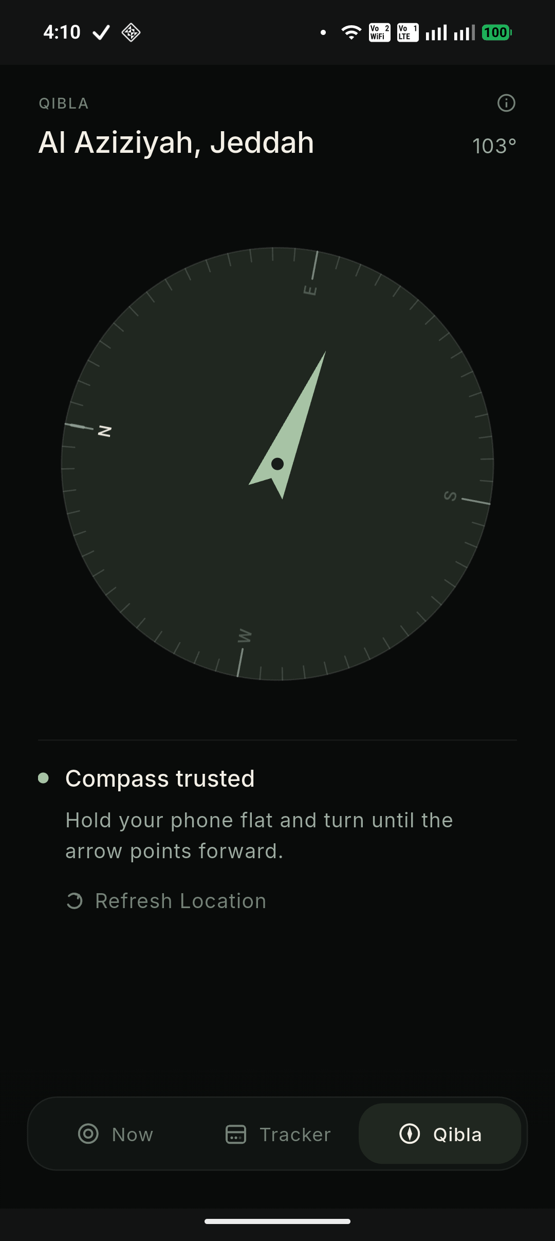 The Qibla screen: a calm compass pointing toward the Qibla direction, marked 103 degrees
